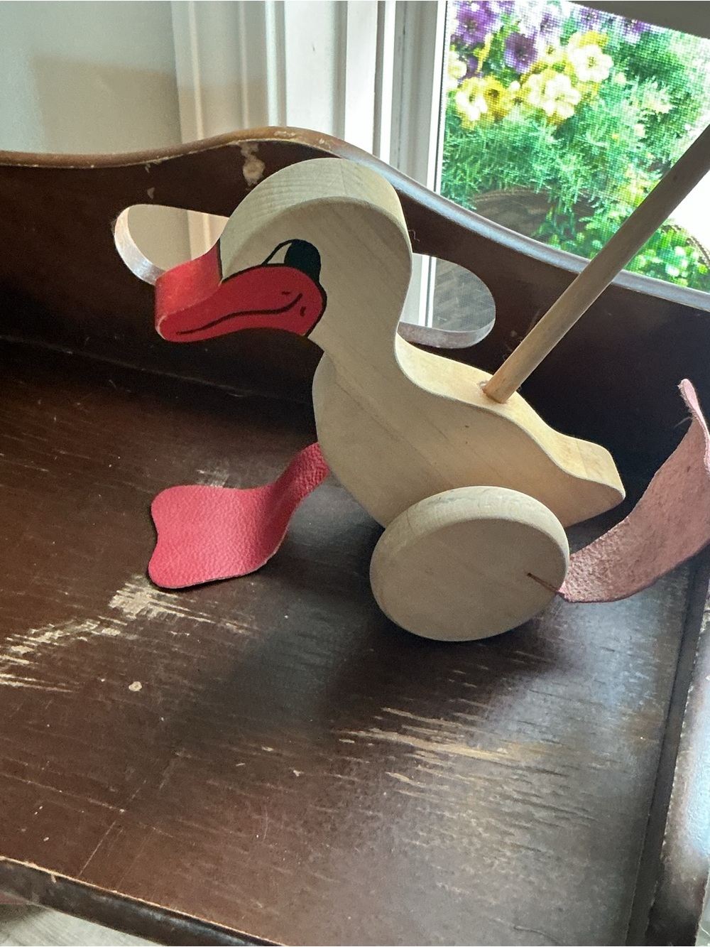Vintage wooden push toy duck red leather feet drewart poland